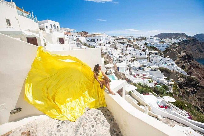 Flying Dress Photo in Santorini Greece