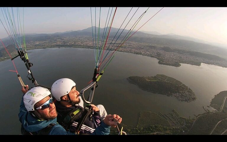 Tandem Flight With Paramotor From Above Ioannina Zagori